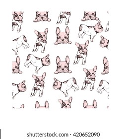 Vector seamless pattern with French Bulldog. Hand drawing illustration.