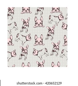 Vector seamless pattern with French Bulldog. Hand drawing illustration.