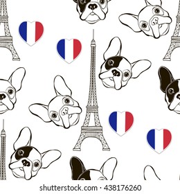 Vector seamless pattern with French Bulldog, Eiffel Tower and Heart flag. 