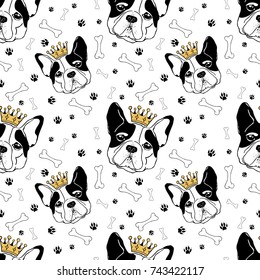 Vector seamless pattern of French bulldog muzzles, royal crown, bones and dog footprints. Black and white background with symbol new 2018 year in the Chinese calendar.