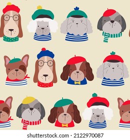 Vector seamless pattern with French dogs. French style dogs set. Funny cartoon of different breeds of dogs dressed in French style in berets and striped clothes.  