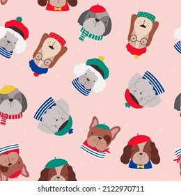 Vector seamless pattern with French dogs. French style dogs set. Funny cartoon of different breeds of dogs dressed in French style in berets and striped clothes.  