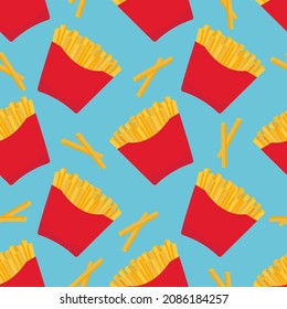 Vector seamless pattern with French fries. It can be used for textiles, advertising, website backgrounds, book covers, packaging, wrapping paper, cookbooks, restaurant menus. Illustration of food.