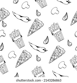 Vector seamless pattern with french fries, pizza, chili pepper, garlic cloves. Template for fast food restaurant design (poster, banner, wrapping paper...