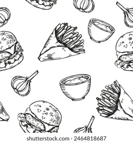 vector seamless pattern of French fries in craft paper and burger, garlic, sauce, hand drawn sketch of fast food, black and white ink food illustration isolated on white background