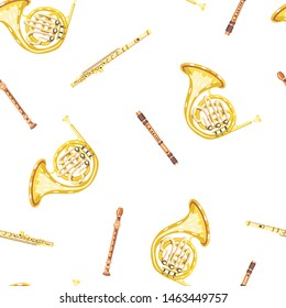 Vector seamless pattern with french horns and flutes. Сlassical musical instruments. Warm and golden colors. Isolated objects.  White background. 