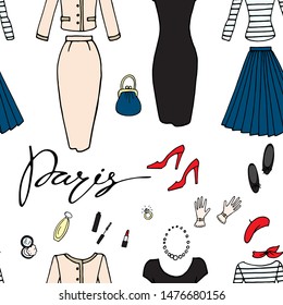 Vector seamless pattern in french style. Fashion clothes, shoes, cosmetic perfume. Lettering Paris.
