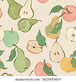Padrão de vetor sem emenda de maçãs e peras frescas. Frutos maduros desenhados à mão isolados sobre fundo lite-bege. Ilustração de comida saborosa para design, impressão, tecido ou fundo.