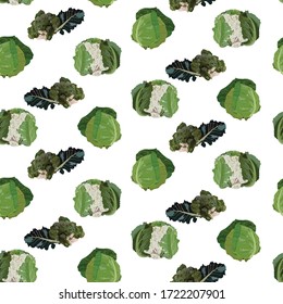Vector seamless pattern with fresh cabbage. White cabbage, broccoli and cauliflower healthy organic food. Natural farming vegetable background, wallpaper.
