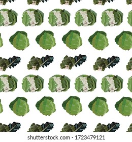 Vector seamless pattern with fresh cabbage. White cabbage, broccoli and cauliflower healthy organic food. Natural farming vegetable background, wallpaper.