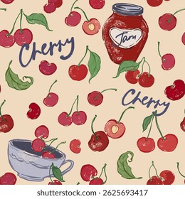 Vector seamless pattern of fresh cherry and green leaves. Hand-drawn ripe fruits isolated on beige background. Tasty food illustration for design, print, fabric or background.