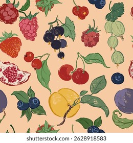 Vetor padrão sem emenda de cereja fresca, morango e pêssego. Frutos maduros desenhados à mão isolados sobre fundo cor-de-rosa-claro. Ilustração de comida saborosa para design, impressão, tecido ou fundo.