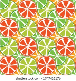 Vector seamless pattern of fresh circles of orange, lime, grapefruit.