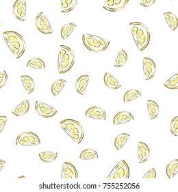 Vector seamless pattern with fresh citrus fruit slices on white backgroud. Lifght backdrop.