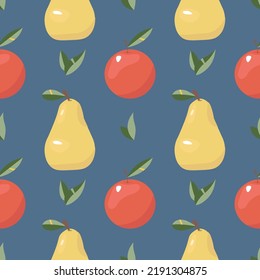 Vector seamless pattern with fresh fruit. Cute background with colorful apple and pear