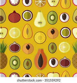 Vector seamless Pattern with Fresh Fruits. Made in Flat style. Avocado, Apple, Pear, Pineapple, Kiwi, Fig, Plum, Passion Fruit,  Papaya, Mango. Vector Template for Smoothie Bars, Organic Farm Labels.