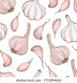 Vector seamless pattern : fresh garlic bulbs and cloves. Hand drawn design of spicy food for textile, fabric, wrapping paper, wallpaper.