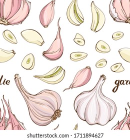 Vector seamless pattern : fresh garlic bulbs , cloves and slices. Hand drawn design of spicy food with lettering for textile, fabric, wrapping paper, wallpaper.