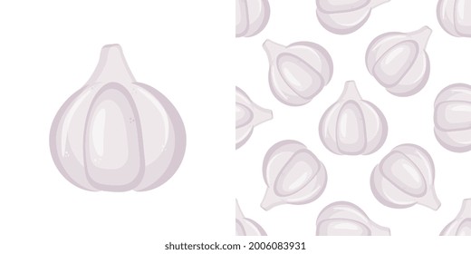 Vector seamless pattern fresh garlic bulbs and cloves. Hand drawn design of spicy food for textile, fabric, wrapping paper, wallpaper.