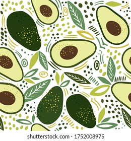 Vector seamless pattern with fresh green avocado isolated on white background. Hand drawn doodle illustration. Trendy design for summer fashion textile prints and backgrounds. Vegetarian food.