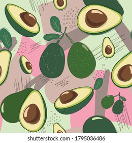 Vector seamless pattern with fresh green avocado. Hand drawn illustration. Trendy design for summer fashion textile prints and backgrounds. Vegetarian food