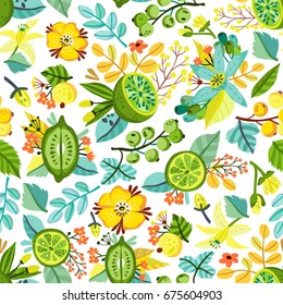 Vector seamless pattern of fresh green leaves and fruits. Bright organic ornament.