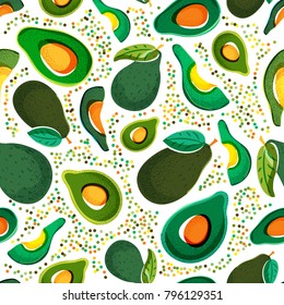 Vector seamless pattern with fresh green avocado isolated on white background. Hand drawn doodle illustration. Trendy design for summer fashion textile prints and backgrounds. Vegetarian food.