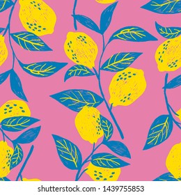 Vector seamless pattern with fresh juicy lemons in trendy colors. Good for textile.
