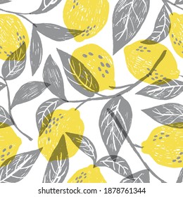 Vector seamless pattern with fresh juicy lemons in trendy colors. Good for textile.