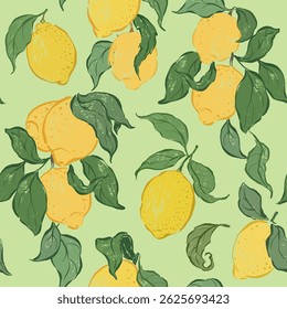 Vetor padrão sem emenda de limões frescos e folhas verdes. Frutos maduros desenhados à mão isolados sobre fundo verde-claro. Ilustração de comida saborosa para design, impressão, tecido ou fundo.
