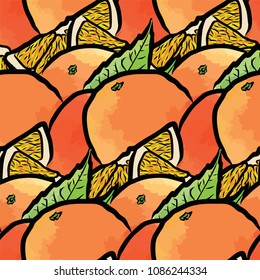 vector seamless pattern of fresh oranges. Hand-drawn and colored illustration