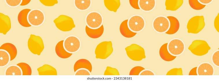 Vector seamless pattern of fresh oranges and lemons on a light yellow background. For fabric, print on t-shirt, wallpaper, fruit background