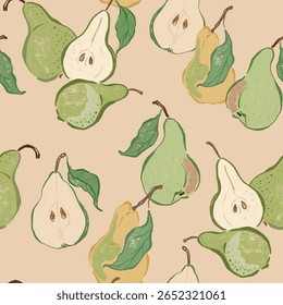 Vector seamless pattern of fresh pears. Hand-drawn ripe fruits isolated on lite-beige background. Tasty food illustration for design, print, fabric or background.