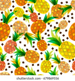 Vector seamless pattern with fresh pineapples isolated on white background. Hand drawn doodle illustration. Trendy design for summer fashion textile prints and backgrounds.