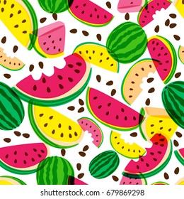 Vector seamless pattern with fresh red and yellow watermelon isolated on white background. Hand drawn doodle illustration. Trendy design for summer fashion textile prints and backgrounds.