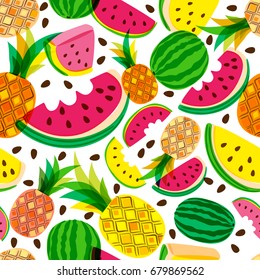 Vector seamless pattern with fresh red and yellow watermelon and pineapples isolated on white background. Hand drawn doodle illustration. Trendy design for summer fashion textile prints, backgrounds.