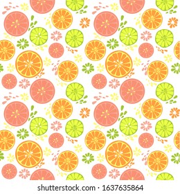 Vector seamless pattern of fresh sliced oranges, lemons and limes. Abstract illustration, template for design of logo, flyer, presentation