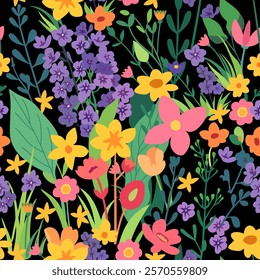 Vector seamless pattern with fresh spring flowers, herbs and grass on black background.