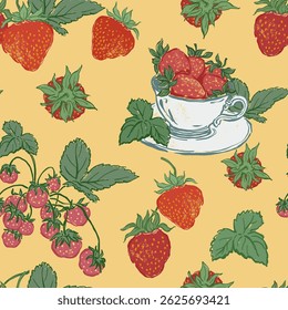 Vector seamless pattern of fresh strawberry and green leaves. Hand-drawn ripe fruits isolated on yellow background. Tasty food illustration for design, print, fabric or background.
