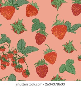 Vector seamless pattern of fresh strawberry and green leaves. Hand-drawn ripe fruits isolated on pink background. Tasty food illustration for design, print, fabric or background.