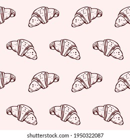 Vector seamless pattern of fresh and tasty brown croissant on a light pink background.