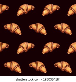 Vector seamless pattern of fresh and tasty croissant on a brown background.