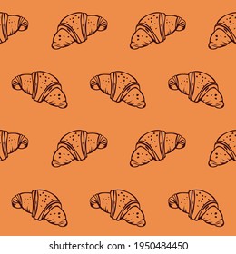 Vector seamless pattern of fresh and tasty brown croissant on pastel orange background.