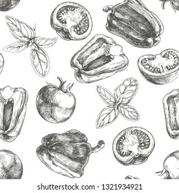 Vector seamless pattern with fresh vegetables isolated on white. Hand drawn vintage texture with tomatoes, pepper and basil tips.
