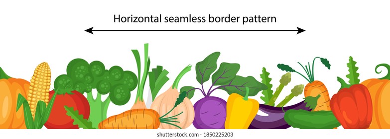 Vector Seamless Pattern With Fresh Vegetables. Kohlrabi, Corn, Onion, Broccoli, Carrot Tomato Cucumber Pumpkin Pepper Garlic Eggplant. Healthy Vegan Food. Horizontal Seamless Border Pattern.