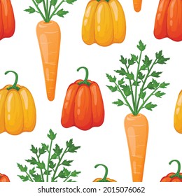 Vector seamless pattern with fresh vegetables. Natural healthy bell peppers and carrots with tops. Vegetarian raw food.