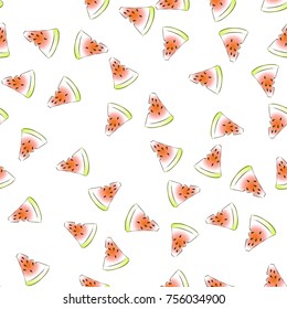 Vector seamless pattern with fresh watermelon slices on white backgroud. Lifght backdrop.