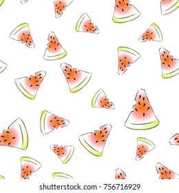 Vector seamless pattern with fresh watermelon slices on white backgroud. Lifght backdrop.