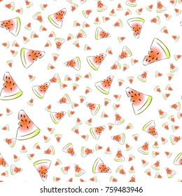 Vector seamless pattern with fresh watermelon slices on white backgroud. Lifght backdrop.