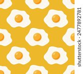 Vector Seamless Pattern with Fried Egg, Sunny-Side-Up on Yellow Background. Healthy Breakfast, Protein Food Print